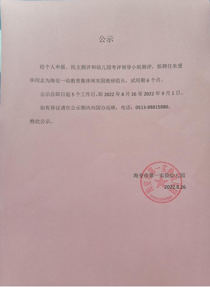 海安一幼教育集团闸东园教研组长竞聘公示